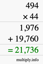 How to calculate 494 times 44 using long multiplication