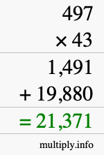 How to calculate 497 times 43 using long multiplication