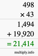 How to calculate 498 times 43 using long multiplication