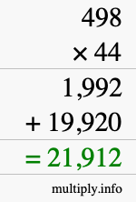 How to calculate 498 times 44 using long multiplication