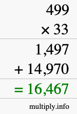 How to calculate 499 times 33 using long multiplication