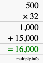 How to calculate 500 times 32 using long multiplication How to calculate 500 times 32 using long multiplication