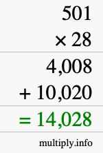 How to calculate 501 times 28 using long multiplication How to calculate 501 times 28 using long multiplication
