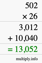 How to calculate 502 times 26 using long multiplication How to calculate 502 times 26 using long multiplication