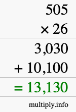 How to calculate 505 times 26 using long multiplication