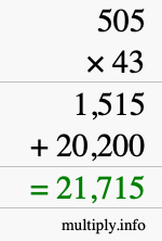 How to calculate 505 times 43 using long multiplication