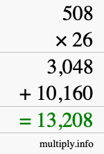 How to calculate 508 times 26 using long multiplication
