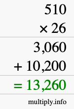 How to calculate 510 times 26 using long multiplication