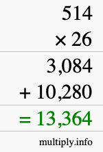 How to calculate 514 times 26 using long multiplication