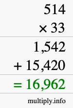 How to calculate 514 times 33 using long multiplication
