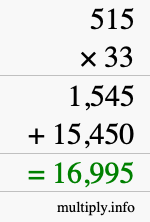 How to calculate 515 times 33 using long multiplication