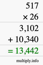 How to calculate 517 times 26 using long multiplication