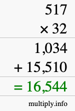 How to calculate 517 times 32 using long multiplication