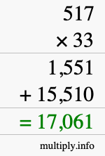 How to calculate 517 times 33 using long multiplication