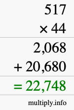 How to calculate 517 times 44 using long multiplication