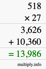 How to calculate 518 times 27 using long multiplication