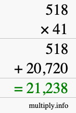 How to calculate 518 times 41 using long multiplication
