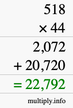 How to calculate 518 times 44 using long multiplication
