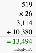 How to calculate 519 times 26 using long multiplication