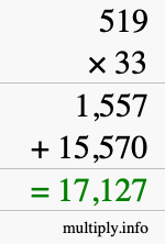 How to calculate 519 times 33 using long multiplication
