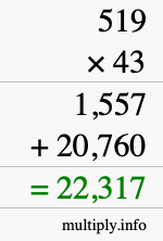 How to calculate 519 times 43 using long multiplication
