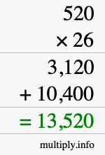 How to calculate 520 times 26 using long multiplication