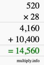 How to calculate 520 times 28 using long multiplication How to calculate 520 times 28 using long multiplication