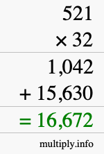 How to calculate 521 times 32 using long multiplication