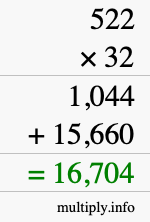 How to calculate 522 times 32 using long multiplication