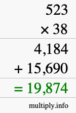 How to calculate 523 times 38 using long multiplication