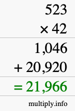 How to calculate 523 times 42 using long multiplication