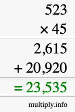 How to calculate 523 times 45 using long multiplication