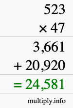 How to calculate 523 times 47 using long multiplication