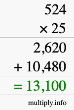 How to calculate 524 times 25 using long multiplication