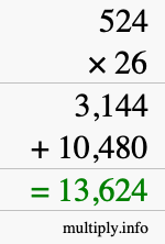 How to calculate 524 times 26 using long multiplication