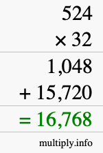 How to calculate 524 times 32 using long multiplication