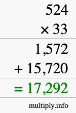 How to calculate 524 times 33 using long multiplication