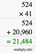 How to calculate 524 times 41 using long multiplication