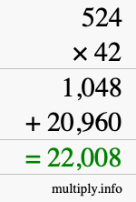 How to calculate 524 times 42 using long multiplication
