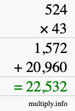 How to calculate 524 times 43 using long multiplication