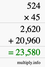 How to calculate 524 times 45 using long multiplication