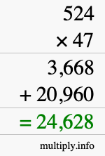 How to calculate 524 times 47 using long multiplication