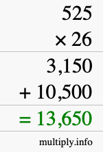 How to calculate 525 times 26 using long multiplication