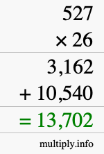 How to calculate 527 times 26 using long multiplication