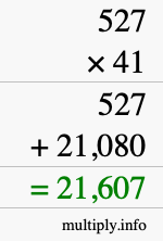 How to calculate 527 times 41 using long multiplication