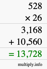How to calculate 528 times 26 using long multiplication
