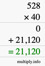 How to calculate 528 times 40 using long multiplication