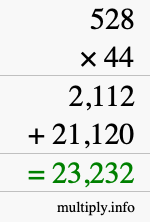 How to calculate 528 times 44 using long multiplication