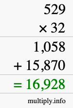 How to calculate 529 times 32 using long multiplication