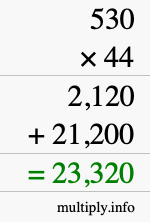 How to calculate 530 times 44 using long multiplication